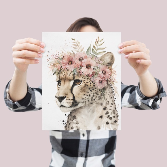 Cute Floral Cheetah Watercolor Wall Art Illustration Print Poster Card Unframed - Picture 4 of 8